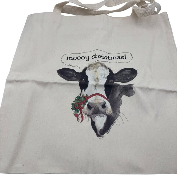 Moooy Christmas Canvas Tote Bag With Cow Design - Picture 1 of 4